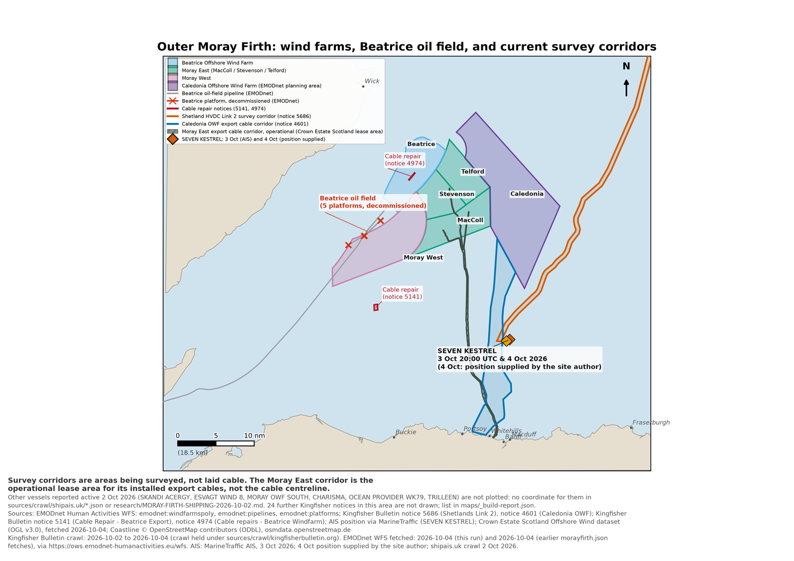 Chart of the outer Moray Firth showing the Beatrice, Moray East, Moray West and Caledonia wind farm areas, the decommissioned Beatrice oil field and its pipelines, two Beatrice cable repair notices, the Moray East, Caledonia and Shetland HVDC Link 2 cable corridors, and SEVEN KESTREL off Macduff.